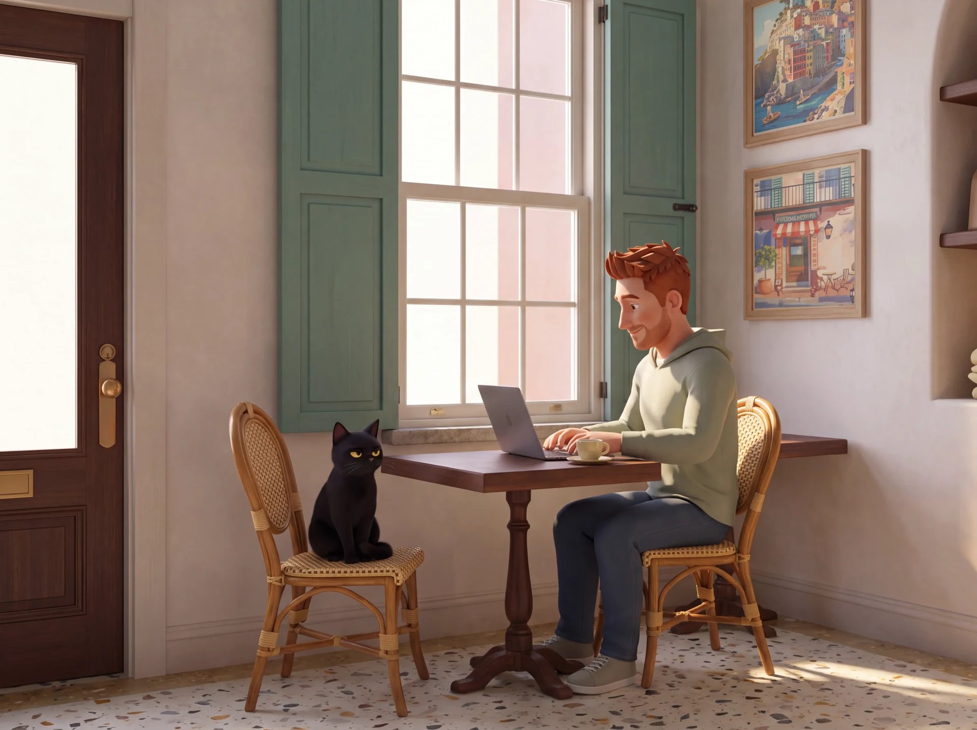Illustration of the redheaded nephew typing on a laptop at a table by the window, Ristretto the black cat watching from the next chair