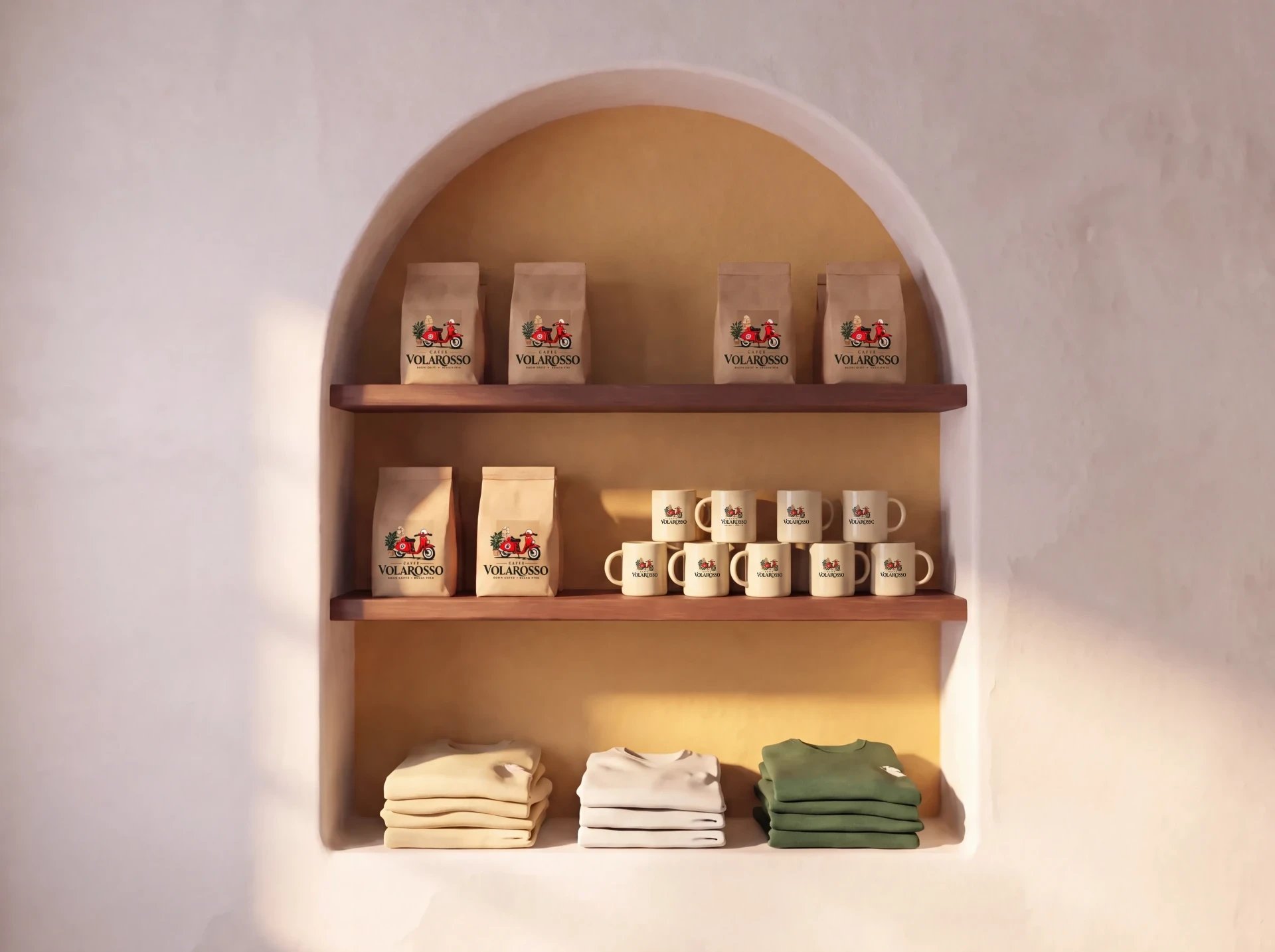 Illustrated ochre niche with kraft coffee bags, stacked cream mugs and folded tees on dark wood shelves