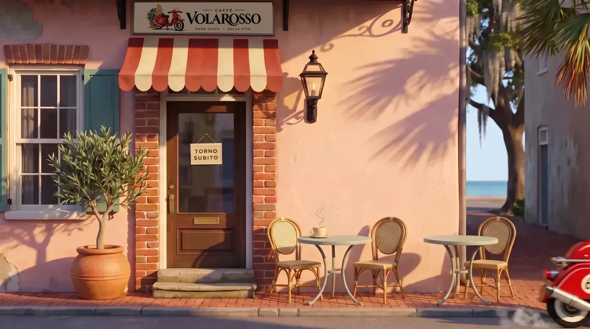 Illustrated caffè terrace: empty cane chairs, two pale iron tables and one espresso cup still steaming beside the closed door