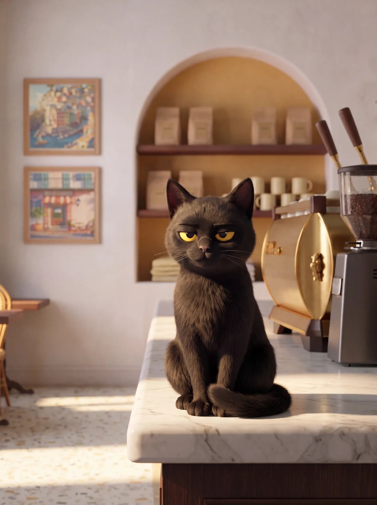 Illustrated portrait of Ristretto, a small black cat, sitting upright on the marble bar