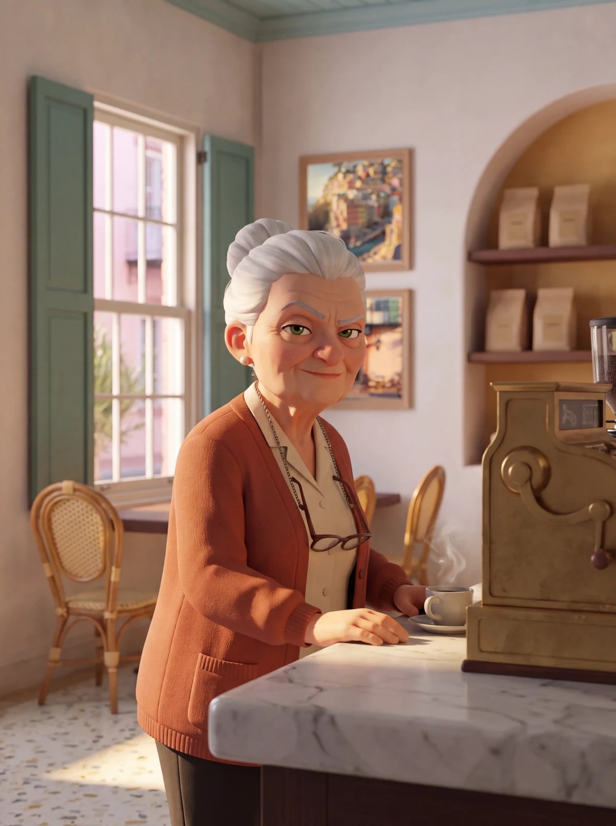Illustrated portrait of Signora Pina leaning on the bar beside the brass register, one eyebrow raised