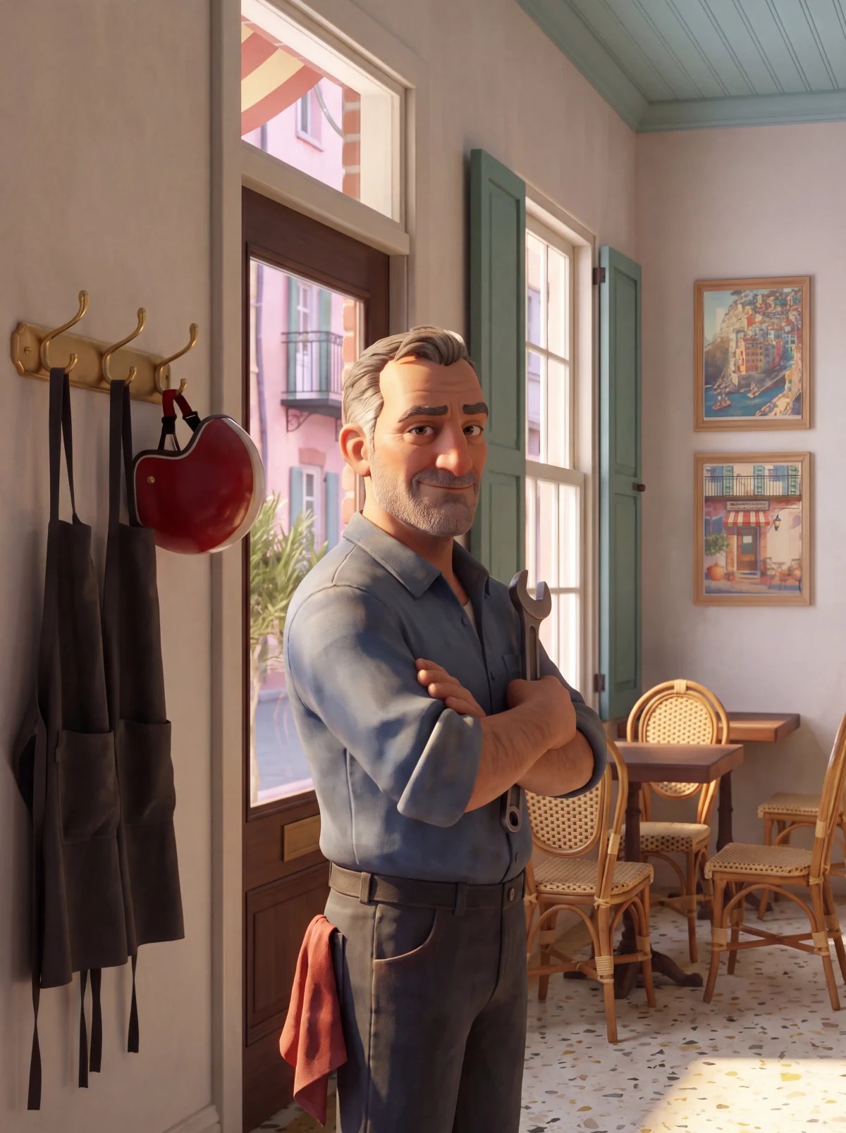 Illustrated portrait of Tino, the mechanic, arms folded with a wrench under one arm