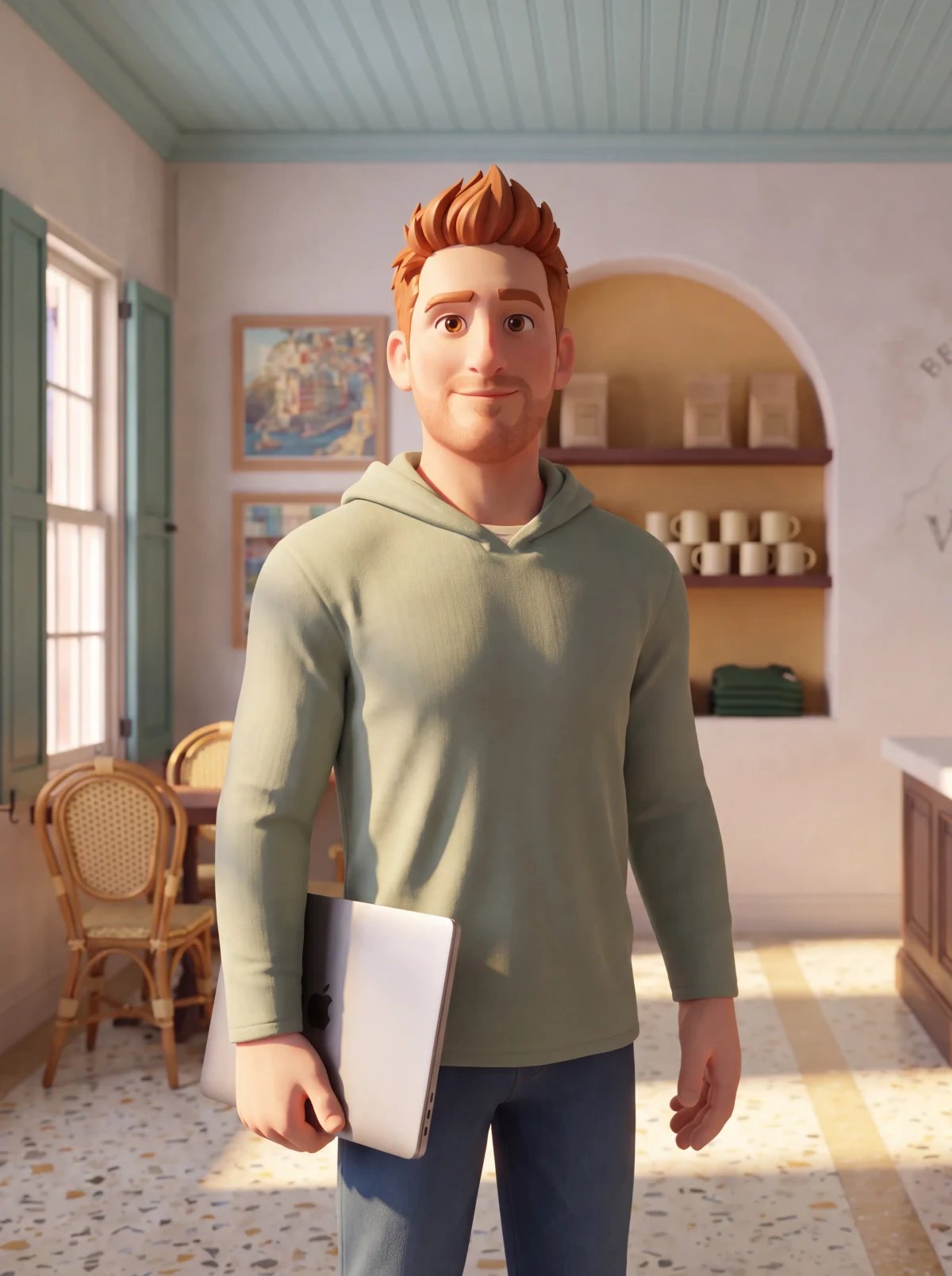 Illustrated portrait of the redheaded nephew with a closed laptop under one arm