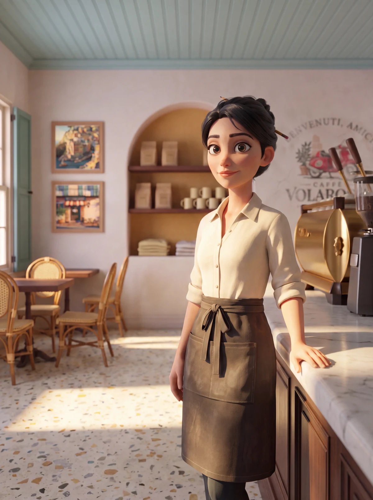 Illustrated portrait of Bea, the barista, standing at the end of the marble bar