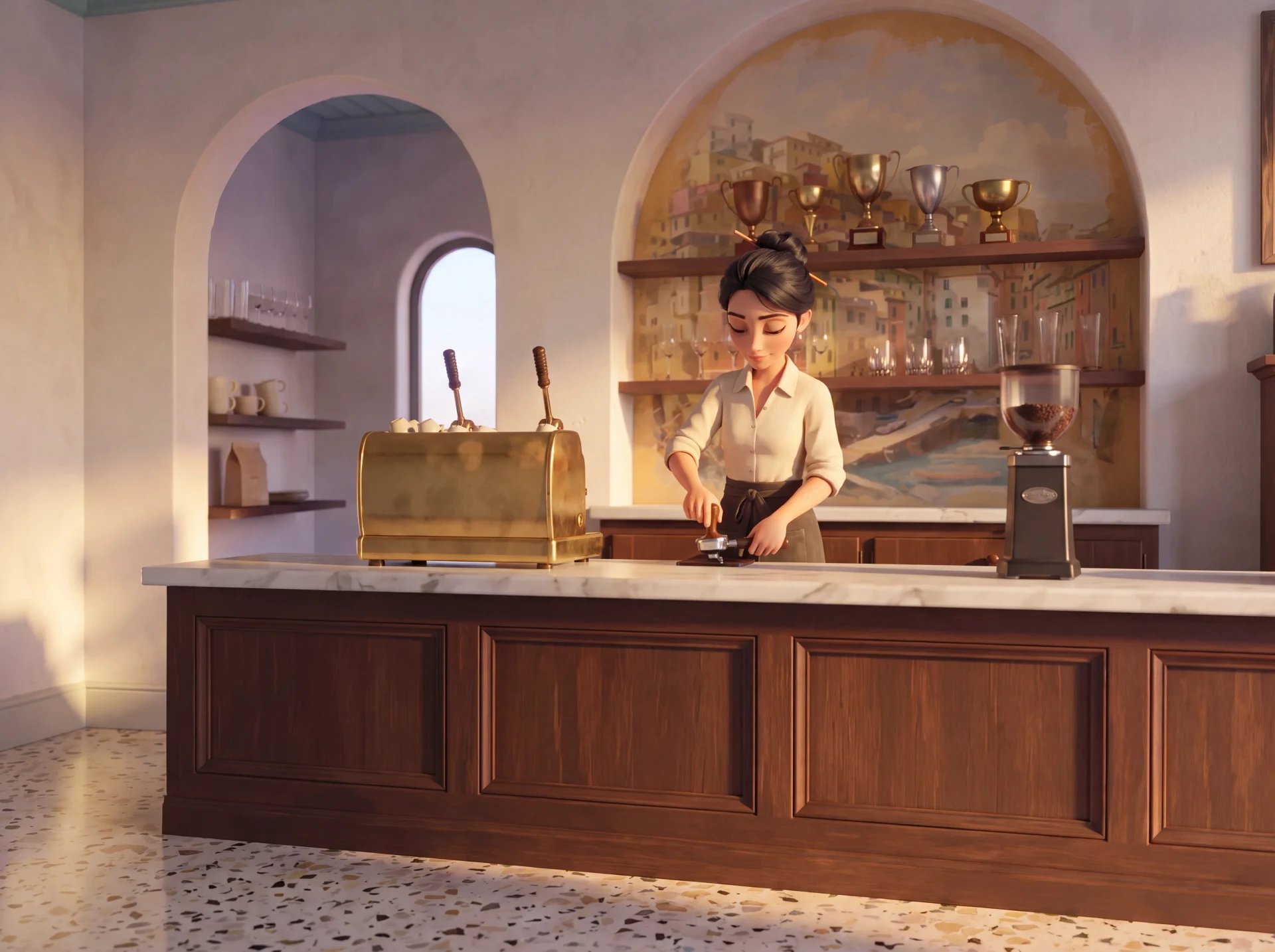 Illustration of Bea tamping a shot at the brass lever machine behind the marble bar