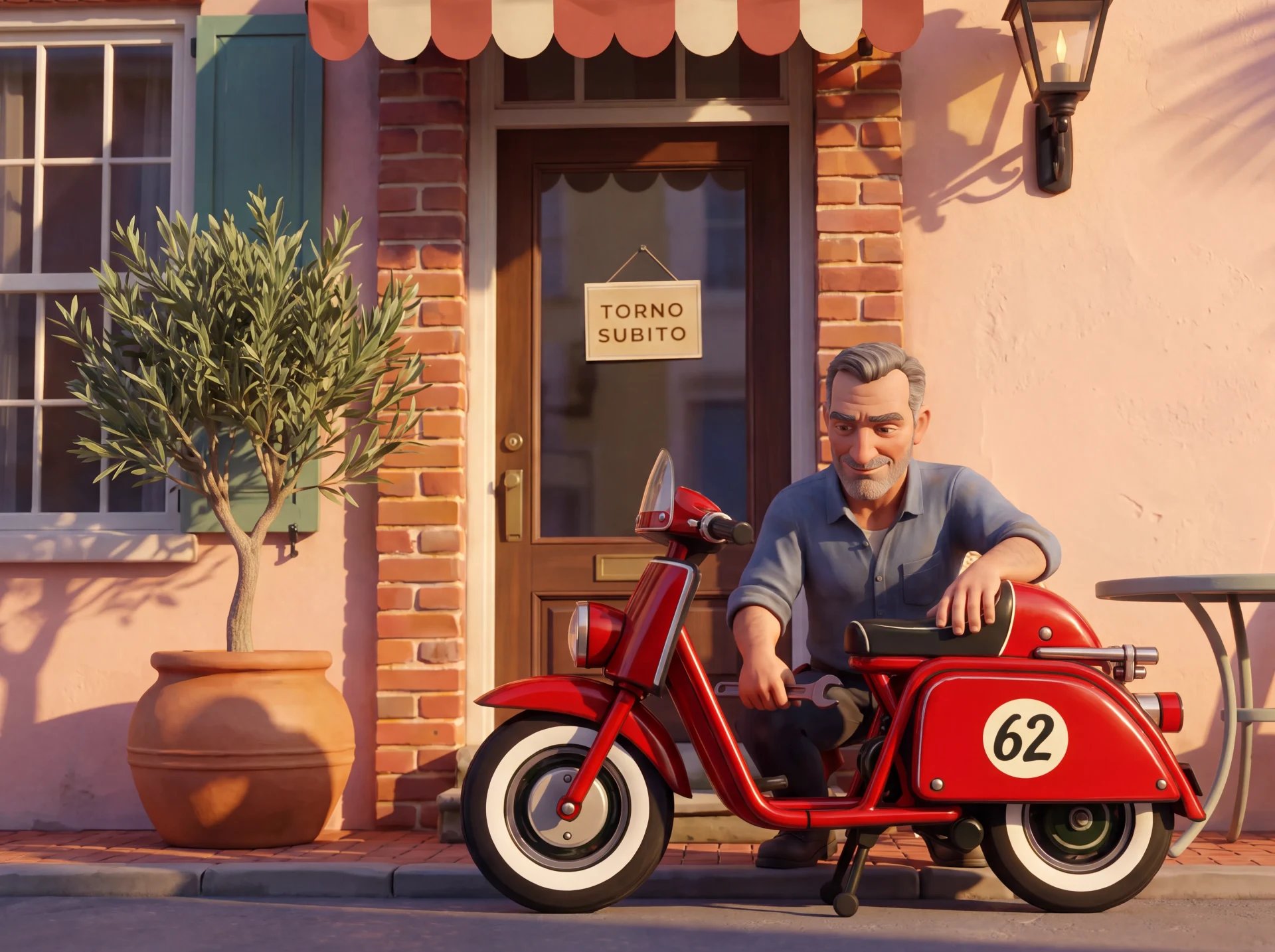 Illustration of Tino crouched with a wrench beside the red number 62 scooter outside the closed caffè door