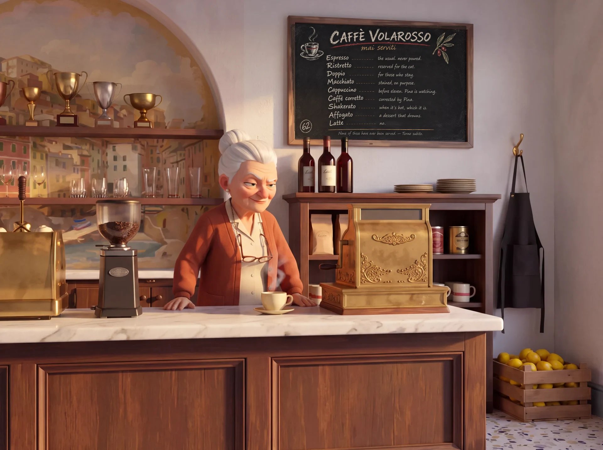 Illustration of Signora Pina at the brass register under the chalk menu of drinks never served
