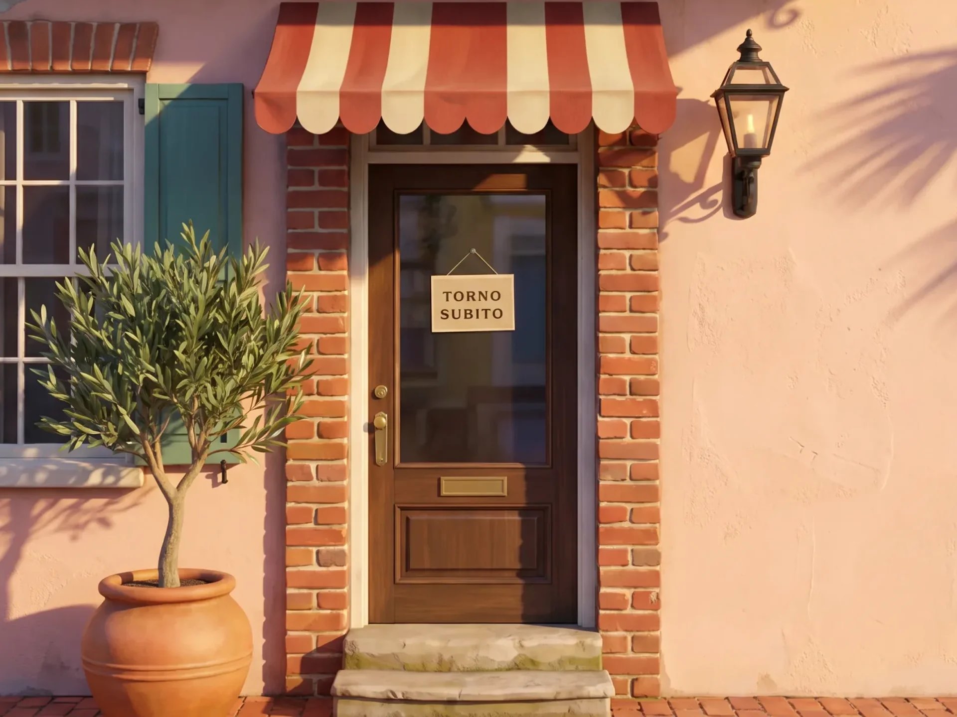 Illustrated caffè door under a striped awning, closed, with a card in the glass that reads Torno subito
