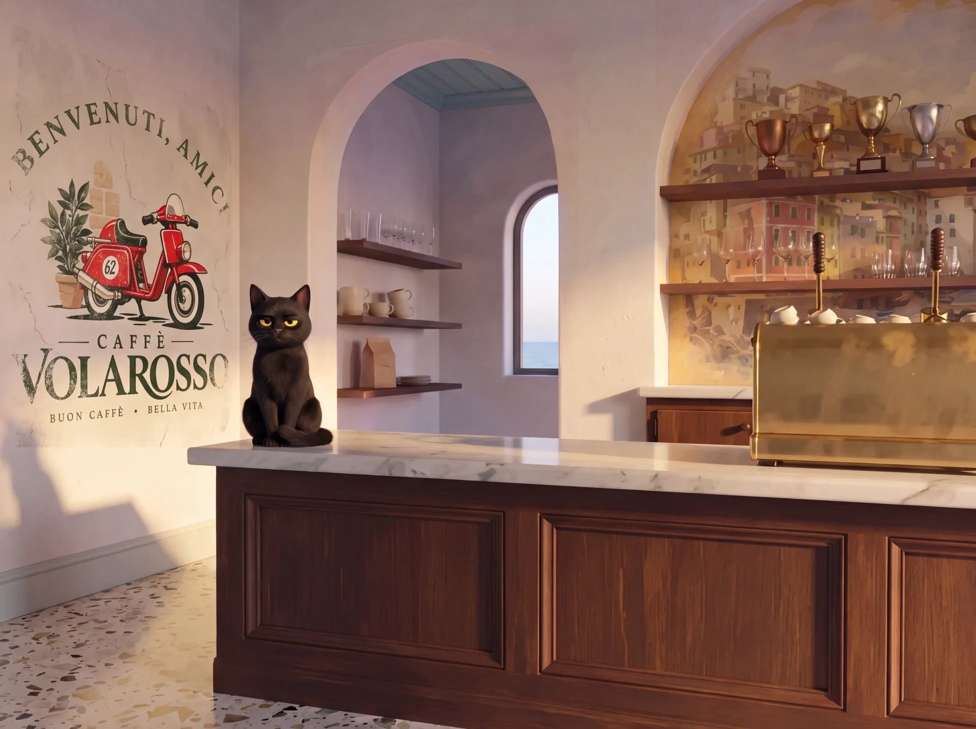 Illustration of Ristretto the black cat sitting on the bare marble bar beside the espresso machine