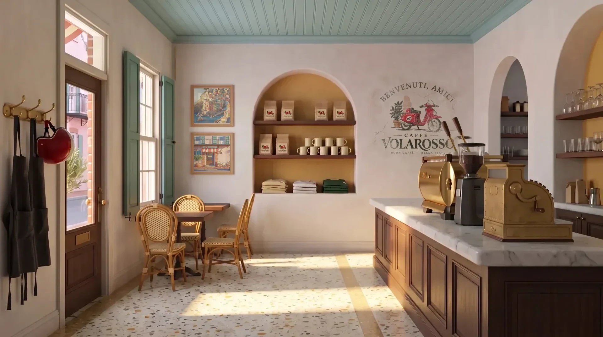 Illustrated caffè interior: a marble bar with a brass lever machine and register, cane chairs by the window, and a red scooter helmet hanging on the hook by the door