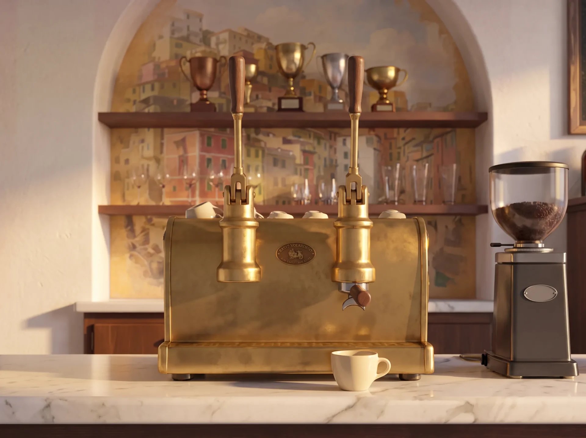 Illustrated brass lever espresso machine on a marble bar, one cream cup in front of it, trophies on the shelf behind